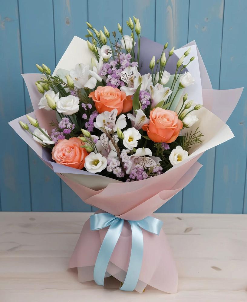 Букет цветов из: Лизиантусы, Розы, Альстромерии и Гипсофила в Переяславке